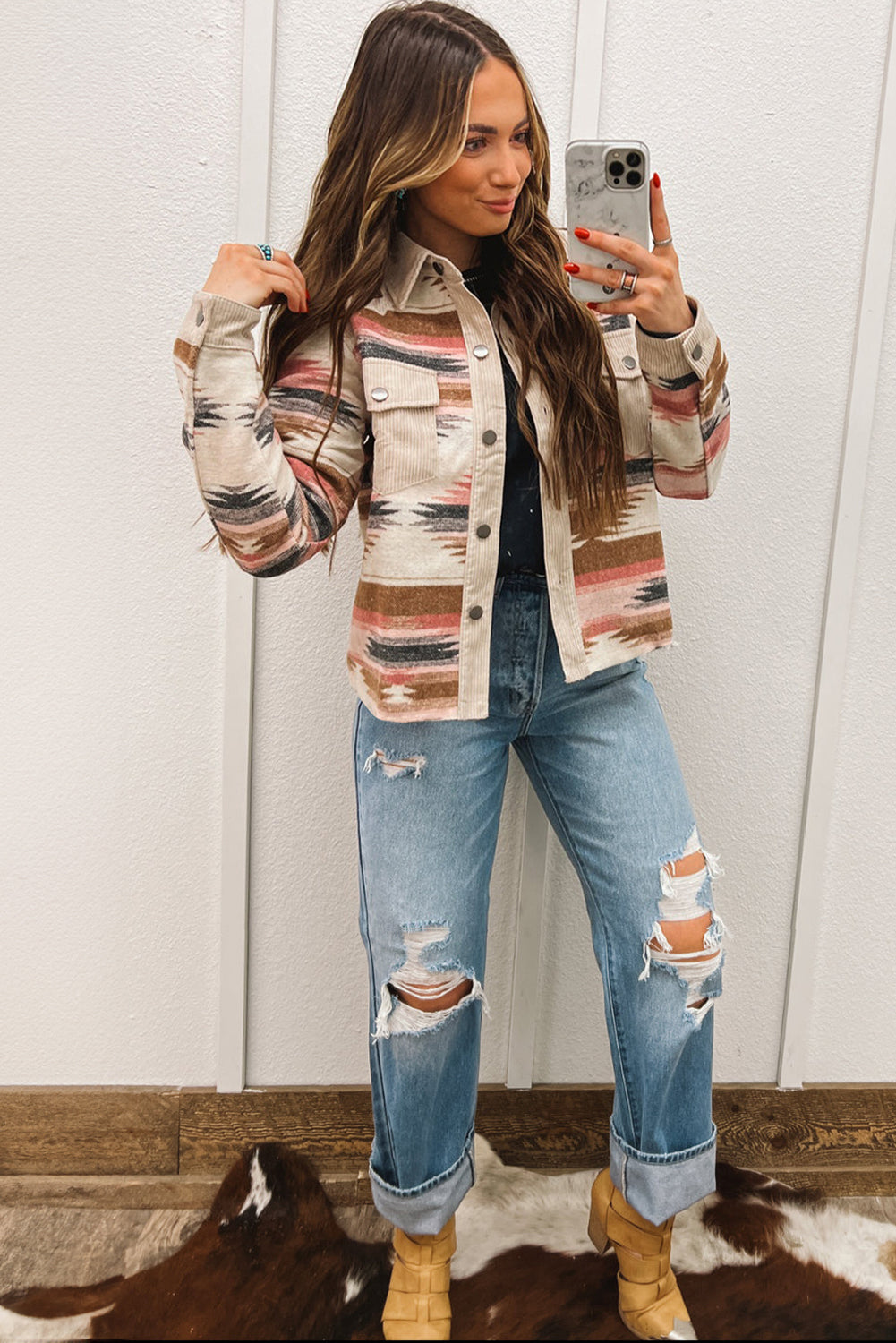 Multicolour Western Aztec Striped Patchwork Double Flap Pocket Raw Hem Shacket