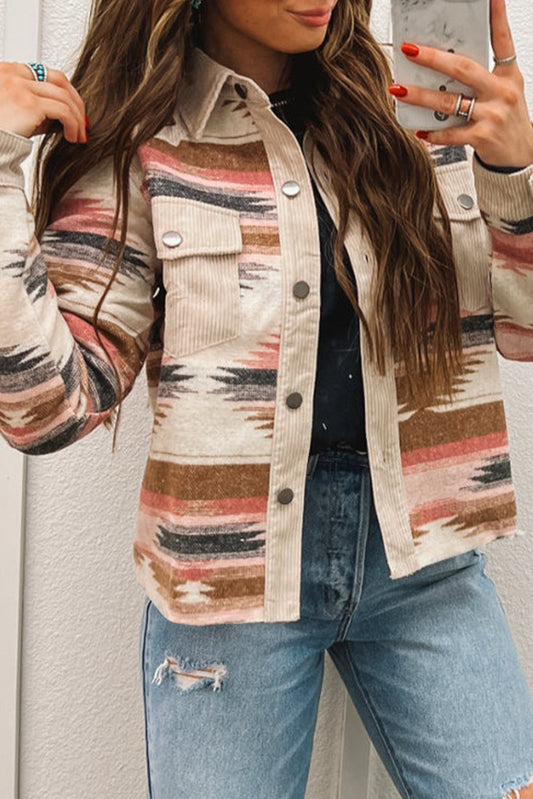 Multicolour Western Aztec Striped Patchwork Double Flap Pocket Raw Hem Shacket