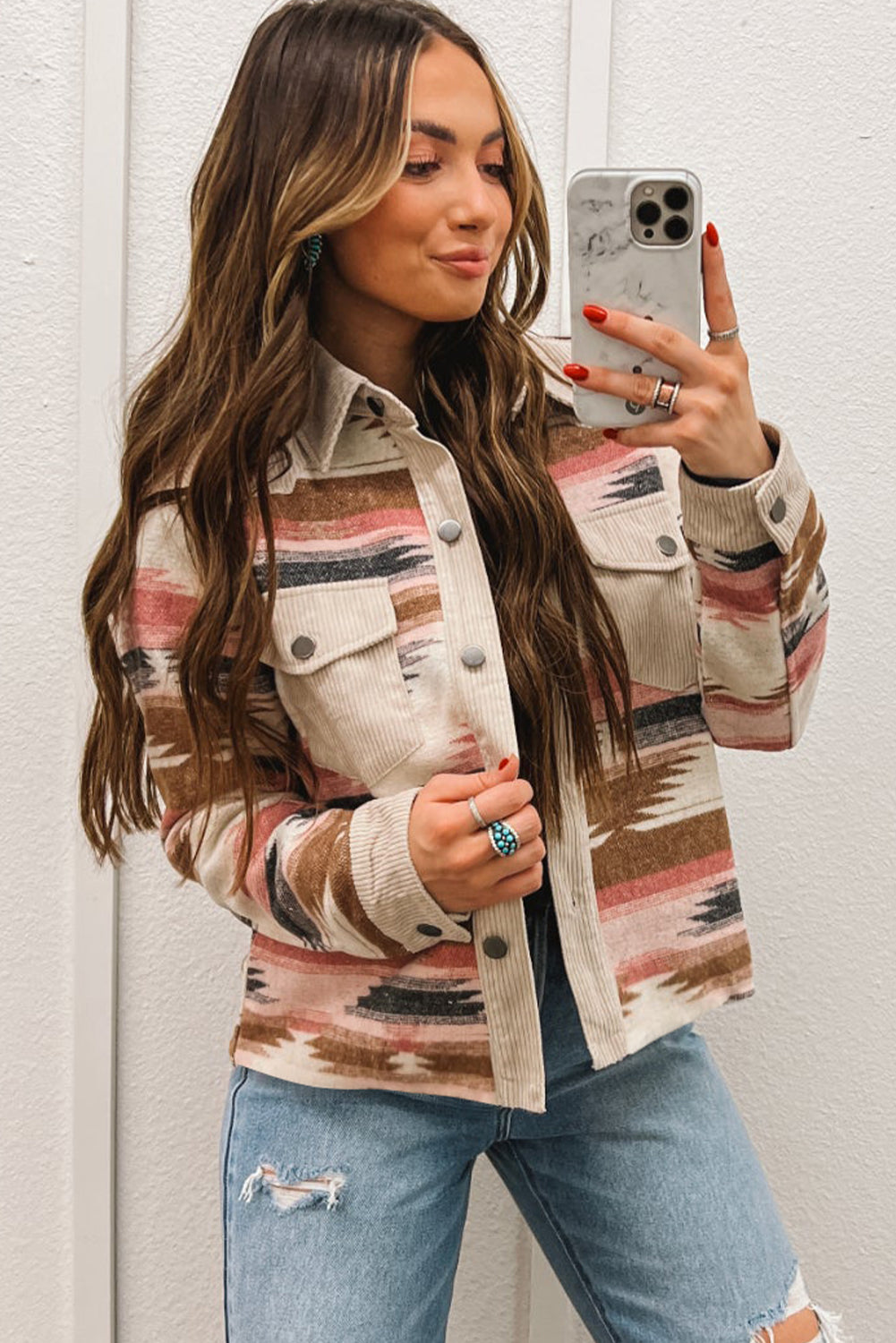 Multicolour Western Aztec Striped Patchwork Double Flap Pocket Raw Hem Shacket