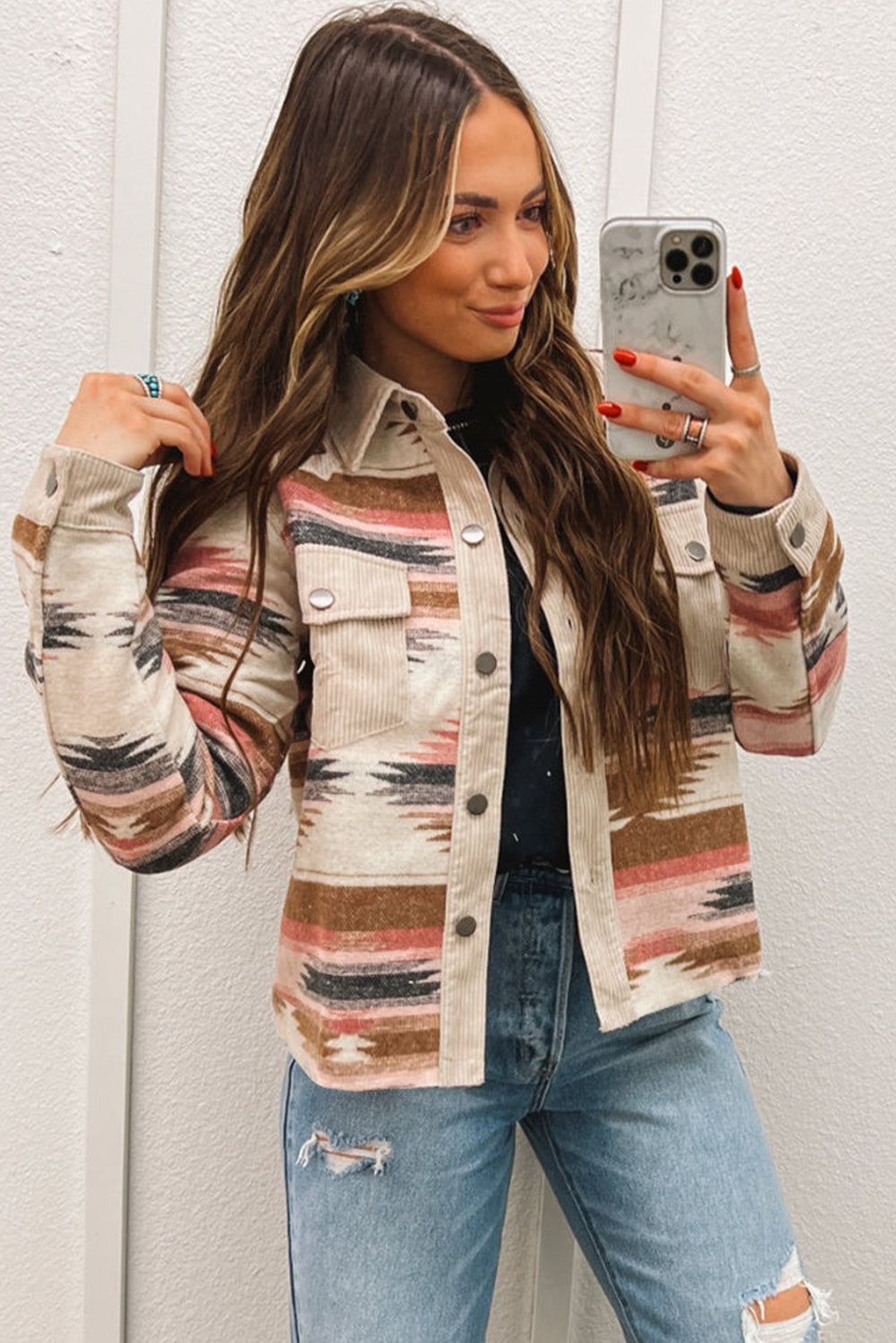 Multicolour Western Aztec Striped Patchwork Double Flap Pocket Raw Hem Shacket