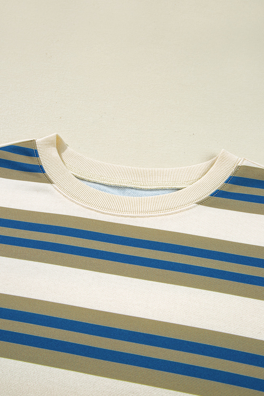 Khaki Stripe Crew Neck Drop Shoulder Pullover Sweatshirt